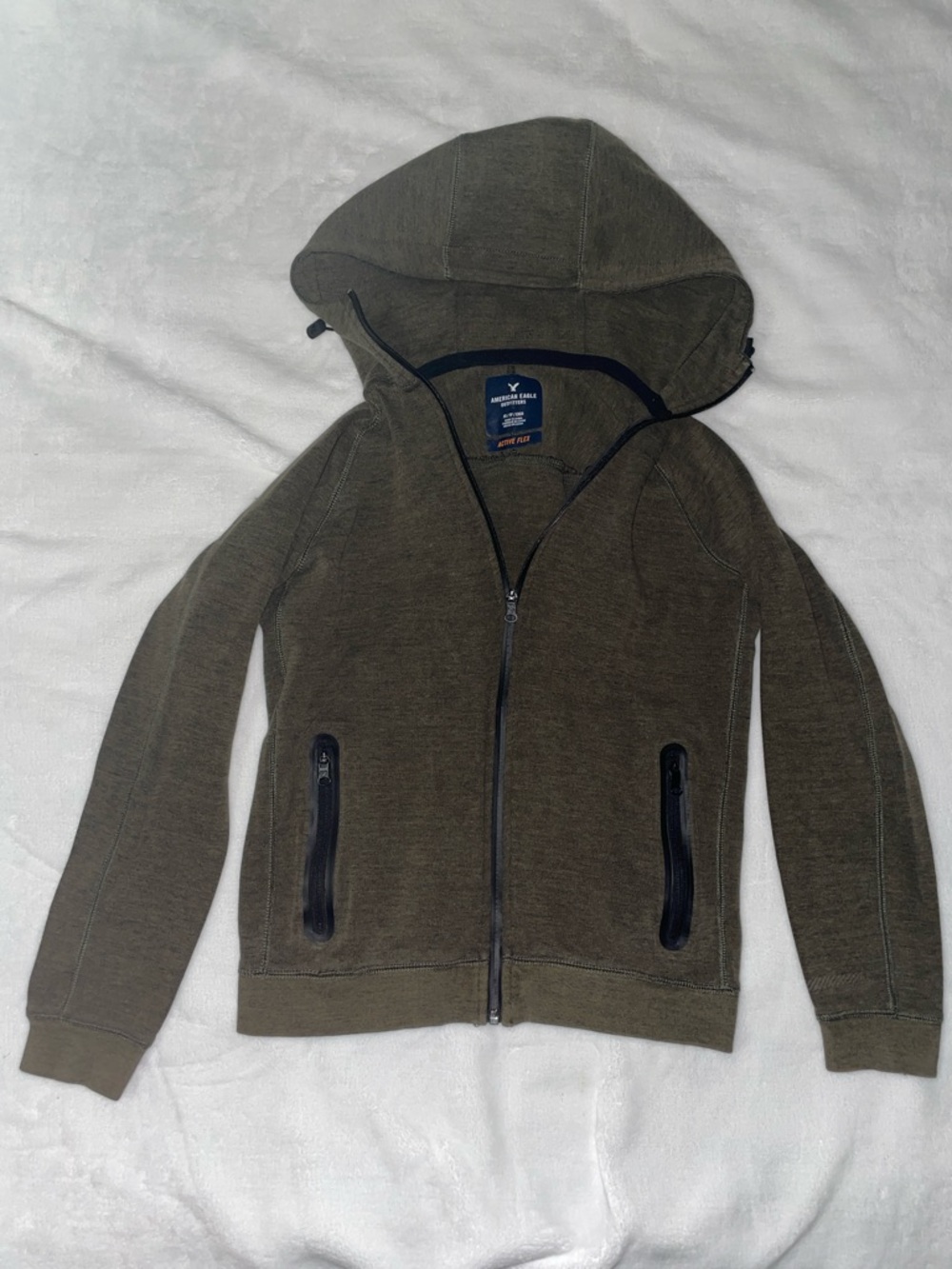 American Eagle Outfitters Olive Green Hooded Zip Sweater Pockets x 4 Thick Warm